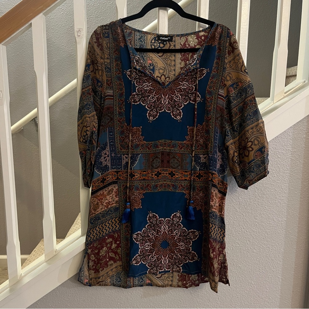 Tolani 100% Silk Patterned Mediterranean Tunic Top XS